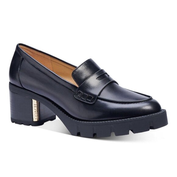 Coach Cora Loafer Pump Black Leather Chunky Heel Round Toe Slip On Size 7 / 37.5 - Picture 1 of 5
